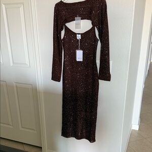 Chic Brown Glitter Long Sleeve Dress